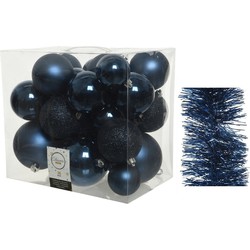 Kerstversiering kunststof kerstballen 6-8-10 cm met folieslingers pakket donkerblauw van 28x stuks - Kerstbal