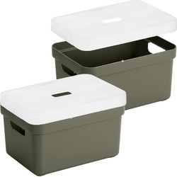 2x stuks opbergboxen/opbergmanden donkergroen van 13 liter kunststof met transparante deksel - Opbergbox