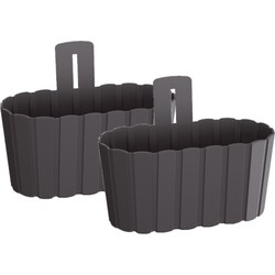 Set van 2x stuks wood-look muur plantenpot/bloempot kunststof dia 27 cm/hoogte 15 cm antraciet - Plantenpotten