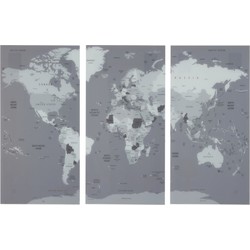  J-Line Wanddecoratie Wereldkaart Drie Delen Glas - Grijs