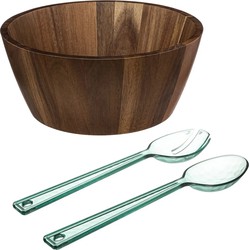 Secret de Gourmet Slakom/serveerschaal met kunststof slacouvert - Acacia hout - D28 cm - Saladeschalen