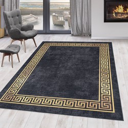 Fiesta Wasbaar Vloerkleed - Laagpolig - Gold Design - Zwart - Woonkamer Tapijt - Canvas Rug- 200x290 CM