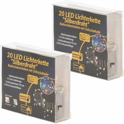 2x Kerstverlichting zilverdraad met warm witte lichtjes 2 meter op batterijen met timer - Lichtsnoeren