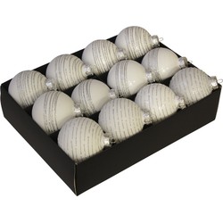 24x Luxe glazen gedecoreerde witte kerstballen met streep 7,5 cm - Kerstbal
