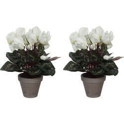 2x stuks cyclaam kunstplanten wit in keramieken pot H30 x D30 cm - Kunstplanten