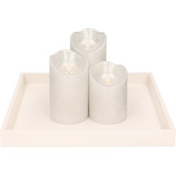 Houten kaarsenonderbord/plateau wit met LED kaarsen set 3 stuks zilver - Kaarsenplateaus