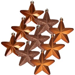12x stuks kunststof sterren kersthangers kaneel bruin 7 cm - Kersthangers