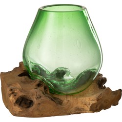 J-line - Vaas Op Voet Gamal Hout/gerecycleerd Glas Natuur/groen Medium - 23x19x19cm