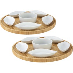 Set van 2x stuks serveerplanken bamboe dia 26 cm met luxe hapjes/saus/tapas keramieken schaaltjes - Serveerplanken