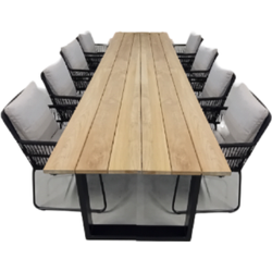 Tuinset Kaihou tafel black, teak 350x100 cm met 4 stoelen Ran stoel kussen black, flax beige