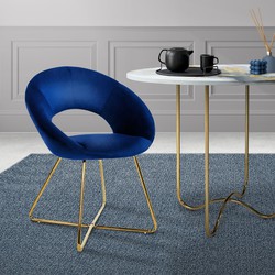 Eetkamerstoel met ronde open rugleuning in blauw fluweel met goudkleurige metalen poten ML design