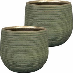 2x stuks plantenpot/bloempot keramiek donkergroen stripes relief - D18/H16 cm - Plantenpotten