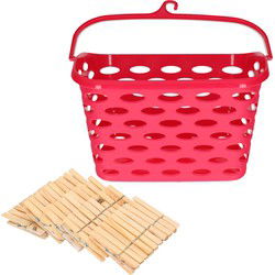 Wasknijpersmandje met haak - fuchsia roze - en 100x houten wasknijpers 7 cm - Knijpers