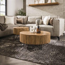 Hoyz Collection - Salontafel Wave Rond - Massief Mango Zandkleur - Set van 2