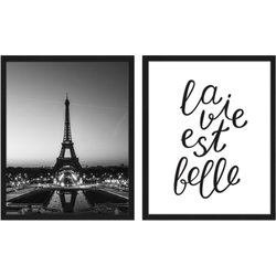 Set van 2 Eiffeltower & La vie - in houten frame - 40x50cm