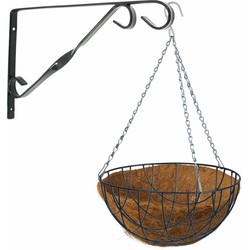 Hanging basket 30 cm met klassieke muurhaak groen en kokos inlegvel - metaal - complete hangmand set - Plantenbakken