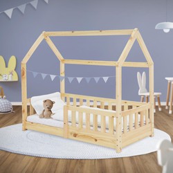 Kinderbed Huisbed 90x200 cm gemaakt van dennenhout met uitvalbeschermend dak en lattenbodem Houten bed ML design