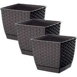 Set van 3x stuks plantenpotten/bloempotten rotan kunststof 16.5 x 16.5 cm en hoogte 14.2 cm donkerbr - Plantenpotten