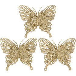Cosy & Trendy Kersthangers op clip - 3ST - vlinders - goud - glitter - 11 cm - Kersthangers