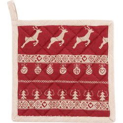 Clayre & Eef Pannenlap  20x20 cm Rood Beige Katoen Vierkant Kerst Afgiet Pannenlap