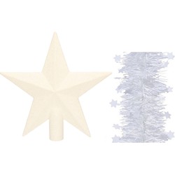 Kerstversiering kunststof glitter ster piek 19 cm en sterren slingers pakket winter wit van 3x stuks - kerstboompieken