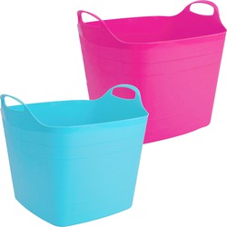 Voordeelset van 2x stuks kunststof flexibele emmers/wasmanden/kuipen 40 liter in het roze/blauw - Wasmanden
