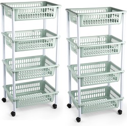 2x stuks opberger/organiser trolley/roltafel met 4 manden 85 cm mintgroen - Opberg trolley