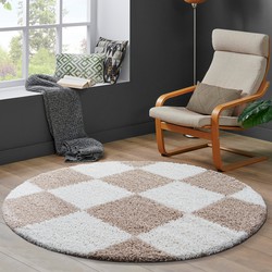 Tapijtenloods Milano Geblokt Hoogpolig Rond Vloerkleed Modern Beige Creme- 200 CM ROND