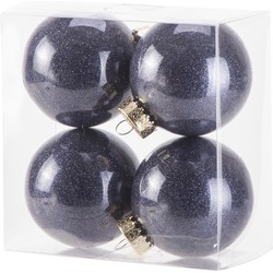 4x stuks kunststof kerstballen met glitter afwerking donkerblauw 8 cm - Kerstbal