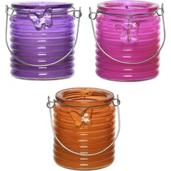 Citronella windlicht met kaars - 3x - paars/roze en oranje - 20 branduren - citrusgeur - geurkaarsen