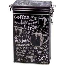 Koffieblik/bewaarblik - zwart - cafe print - 19 cm - rechthoekig - Voorraadblikken