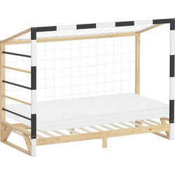 Kinderbed voetbaldoel 90x200 cm naturel grenen hout met matras H:10cm houten bed met lattenbodem klimladder & net ML-Design