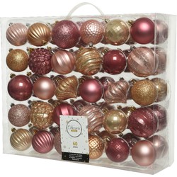 60x stuks kunststof kerstballen roze/bruin mix 6 en 7 cm - Kerstbal