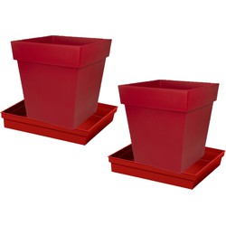 Set van 2x stuks bloempotten Toscane vierkant kunststof rood 39 x 39 x 39 cm inclusief onderschalen - Plantenpotten