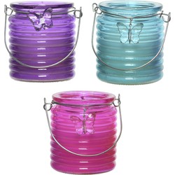 Citronella windlicht met kaars - 3x - paars/blauw en roze - 20 branduren - citrusgeur - geurkaarsen