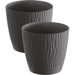 2x stuks stijlvolle kunststof plantenpot/bloempot dia 24 cm/hoogte 22.5 cm Waves antraciet grijs - Plantenpotten