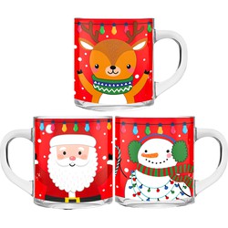 Kerst mokken/bekers - 3 stuks - glas - 300 ml - met kerstprint - 11 cm - Bekers