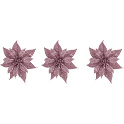 10x stuks decoratie bloemen kerstster roze glitter op clip 18 cm - Kersthangers