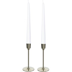 Kandelaars 2x aluminium zilver 15 cm met 12x witte dinerkaarsen - kaars kandelaars
