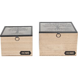 Clayre & Eef Opbergdoosje Set van 2  18x18x12 cm Bruin Hout Glas Vierkant Opbergkist