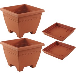 2x stuks vierkante plantenbakken terra cotta met opvangschaal 40 x 40 x 31 cm - Plantenbakken