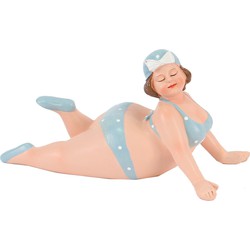 Home decoratie beeldje dikke dame liggend - blauw badpak - 20 cm - Beeldjes