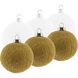 6x Wit/gouden Cotton Balls kerstballen decoratie 6,5 cm - Kerstbal