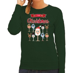 Bellatio Decorations foute kersttrui/sweater dames - Kerst Wijn - groen - All I Want For Christmas L - kerst truien
