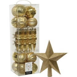 Decoris 30x st kunststof kerstballen, ornamenten en piek goud - Kerstbal