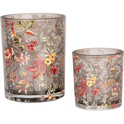 Clayre & Eef Theelichthouder Set van 2 Ø 7x8 / 10x13 cm Grijs Glas Bloemen