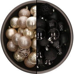 74x stuks kunststof kerstballen mix zwart en parel champagne 6 cm - Kerstbal