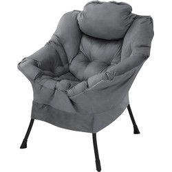 Relax fauteuil antraciet met armleuningen en dik hoofdkussen en metalen frame Loungestoel tot 120 kg ML design