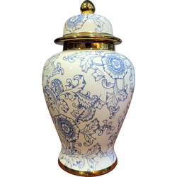 Fine Asianliving Chinese Gemberpot Blauw Wit Goud Pioenen Handgemaakt
