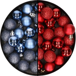 Kleine kunststof kerstversiering 40x stuks set en 3 cm kerstballen in het donkerblauw en rood - Kerstbal